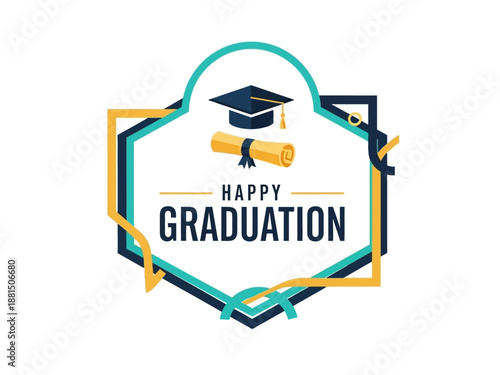 Happy Graduation Celebration Design with Diploma and Cap Emblem
