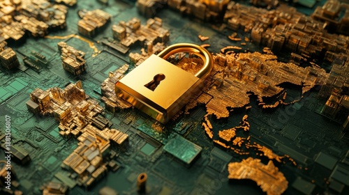 Securing global connections golden lock on world map digital representation modern environment aerial view cybersecurity concept
