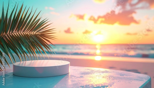 Tropical beach product display podium with palm leaf sunset.