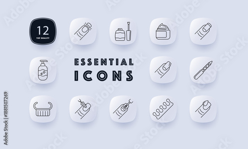 Manicure set icon. Nail polish, file, clipper, buffer, lotion, gel, brush, bottle, finger, soap, nail art tools shown in neat minimalist style line icons.