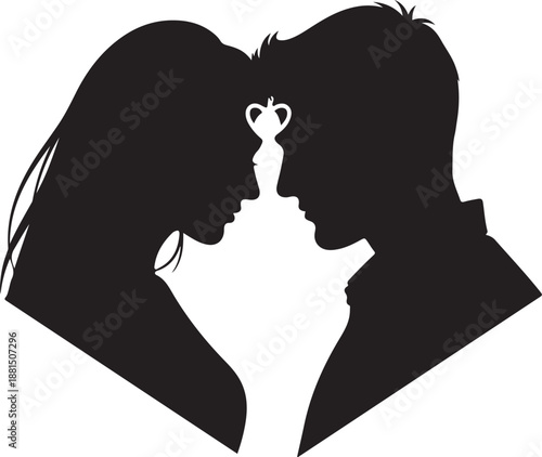 Silhouette of loving couple with heart shaped key