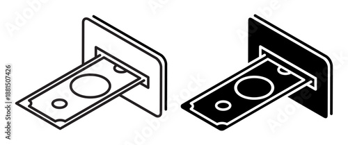 Linear isometric icon. Dollar cash is accepted into a bill acceptor at a street bank terminal. Simple vector isolated on white background