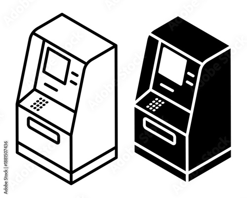 Linear isometric icon. Dollar cash is acceptor, street bank terminal. Simple vector isolated on white background