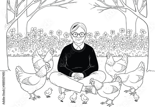 Black and white illustration of elderly woman sitting in garden feeding chickens and chicks, peaceful rural lifestyle, farming care and animal husbandry concept