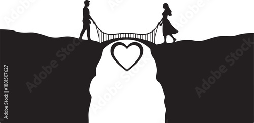Couple connected by love bridge over heart shaped chasm