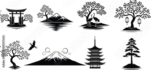 Black and white Japanese nature silhouettes set featuring torii gate, pagoda, Mount Fuji, cranes, trees, lanterns and peaceful landscape elements for design projects
