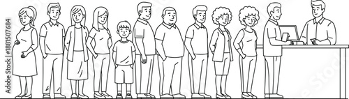 People standing in queue at service counter, family members waiting in line, customer service concept, social interaction illustration, business and public service scenario vector