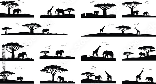 African savanna wildlife silhouette collection with elephants, giraffes and acacia trees, safari landscape vector set for travel, nature conservation and adventure themed designs