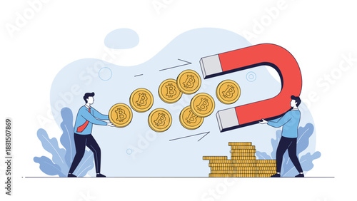 Businessman uses a giant red magnet to attract several gold bitcoin coins representing successful cryptocurrency investment.
