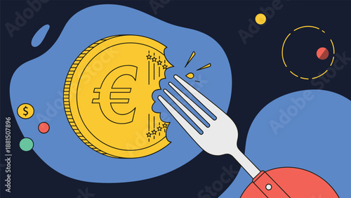 Silver fork takes a large bite out of a golden euro coin illustrating the effects of high inflation on purchasing power.