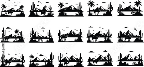 Desert camel silhouette collection with cactus, palm trees, mountains and flying birds, Arabian wilderness landscape vector icons set for travel and adventure designs