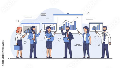 Business Team Presenting Growth Charts and Data on Whiteboard