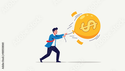 Young man tries to pull back a large yellow dollar balloon that is floating away representing the struggle with inflation.