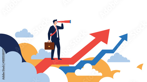 Ambitious businessman stands on a rising red arrow while using a telescope to look for new growth opportunities and success.