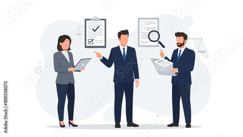 Business Team Reviewing Documents and Legal Documents with Magnifying Glass