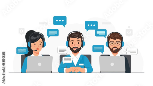 Customer service team with headsets and laptops, communication and support