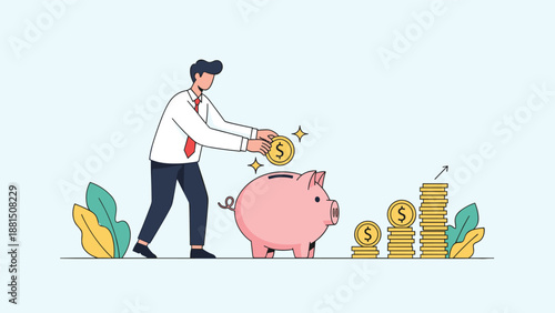 Smart businessman saves for the future by putting gold dollar coins into a pink piggy bank next to growing money stacks.