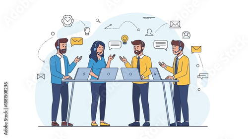 Customer Support Team Working Together with Laptops and Headsets