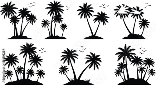Tropical palm tree silhouette collection with island scenes, flying birds and beach landscapes, summer vacation nature icons set for travel, resort, and holiday designs