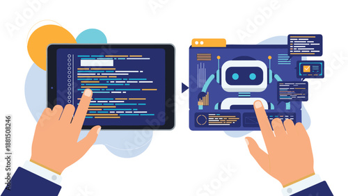 Pair of hands interact with tablet screens showing complex computer code and an artificial intelligence robot assistant.