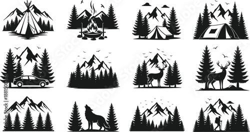 Outdoor adventure camping silhouette set with tents, campfire, mountains, forest wildlife and hikers, nature travel landscape icons collection for exploration and tourism designs