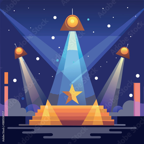 A colorful stage at night with bright spotlights shining down, glowing lights