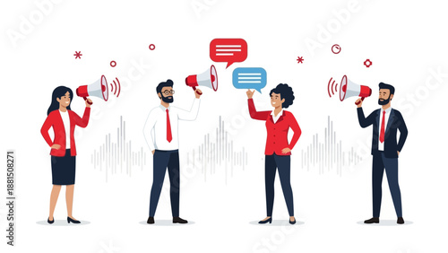 Diverse business people communicating with megaphones and speech bubbles