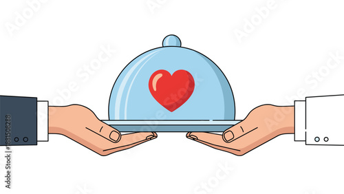 Pair of hands in suits hold a silver platter with a vibrant red heart protected under a glass cloche for care and service.