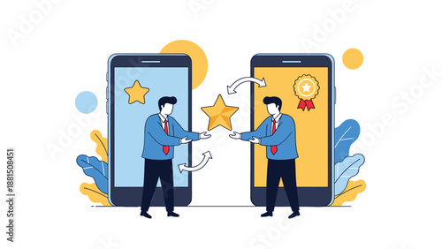 Two businessmen emerge from large smartphone screens to exchange a bright gold star representing high quality mobile service.