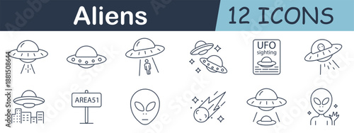 Aliens set icon. Flying saucers, abductions, meteors, extraterrestrial faces, stars, cities, Area 51 sign, and sighting poster illustrated in cosmic outline style.