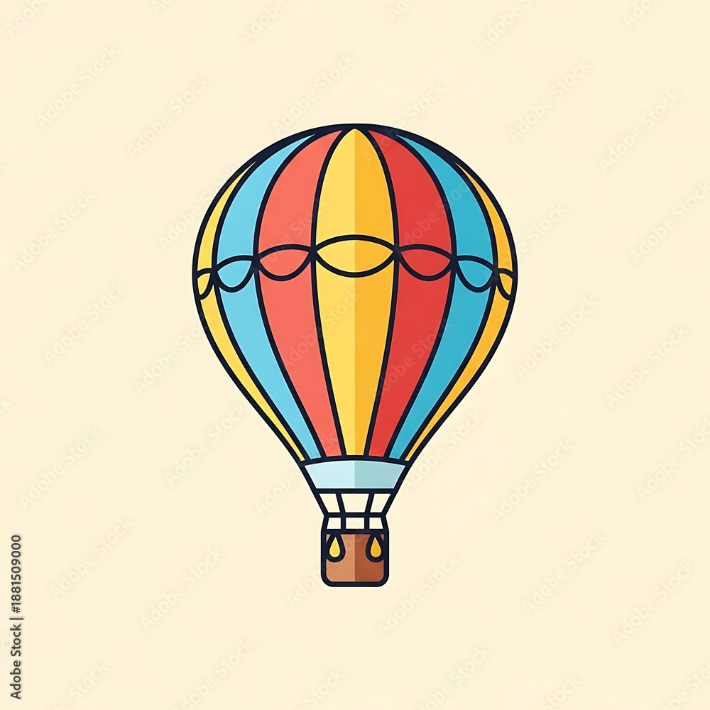 Obraz premium A vibrant vector illustration of a colorful hot air balloon with red, yellow, and blue stripes. The flat design features a simple brown basket and clean, bold outlines.