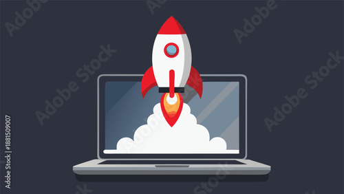 Laptop with a rocket launching out of it, symbolizing innovation and technology in a dynamic visual representation..eps