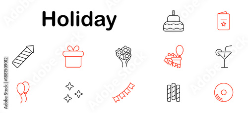 Holiday set icon. Gift, cake, cocktail, sparkler, stars, garland, balloons, bouquet, invitation, decoration, candy stick, record, fun, joy, celebration, event, greeting, music.