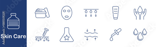 Skin care set icon. Bottle, cream, mask, moisture, tube, hands, roller, serum, elasticity, drops. Beauty, treatment, softness, protection, hydration, routine, cosmetic, glow, wellness, care.