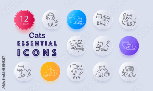 Cats set icon. Sitting cat, headphones, yarn ball, diploma, phone, chair, laptop, coffee cup, screen, laying pose drawn in outlined pet activity theme.