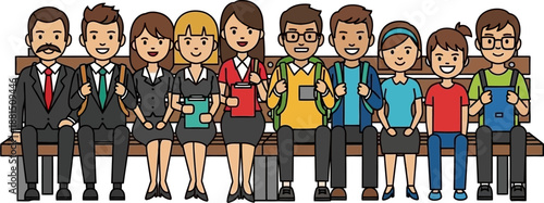 A diverse group of ten smiling people, including adults and children, sitting together on a wooden bench, representing community and togetherness.