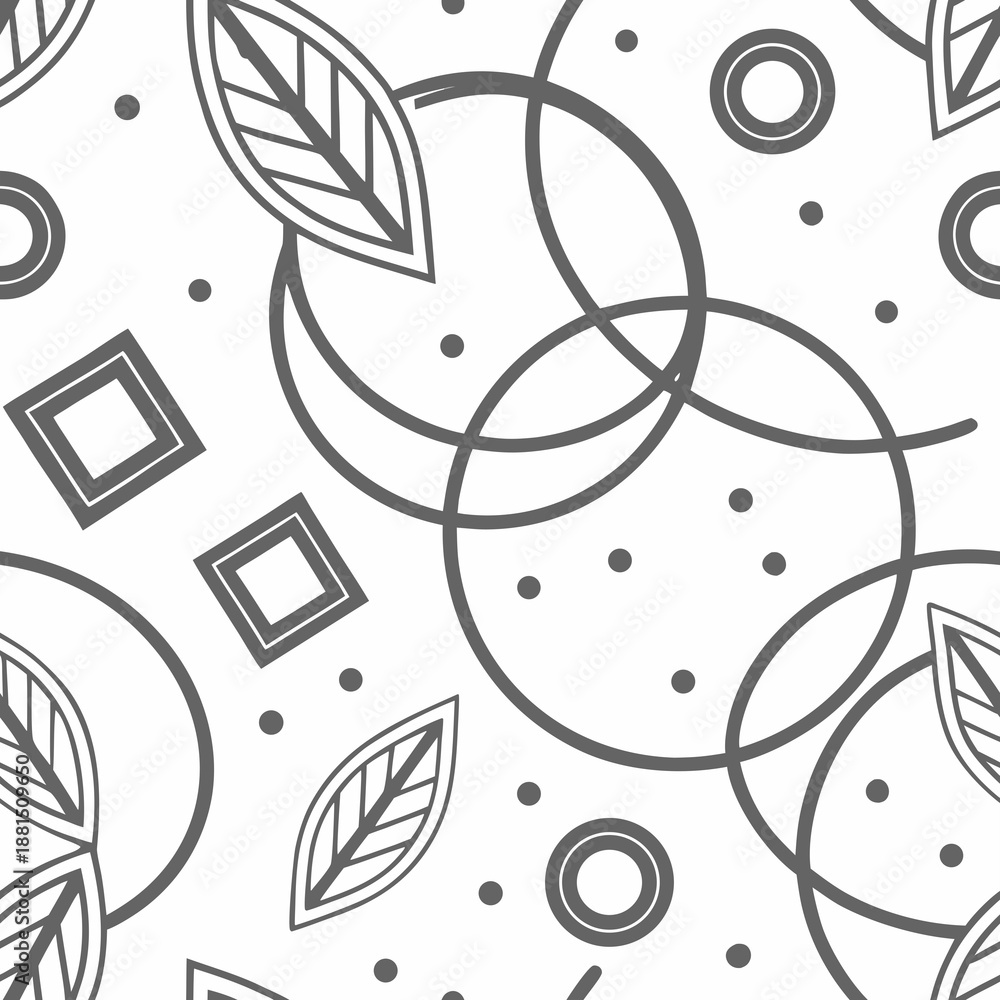 Fototapeta premium Seamless Abstract Line Pattern with Circles, Leaves and Dots