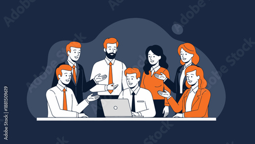 Diverse business team collaborating around a laptop, flat design illustration.