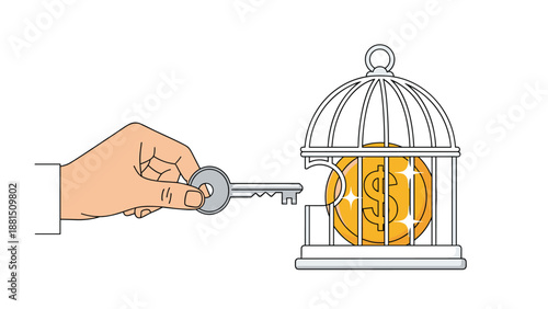 Human hand uses a small key to unlock the door of a silver birdcage to release a gold dollar coin symbolizing liberated funds.