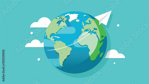 An illustration of a globe with a paper airplane, conveying themes of international travel and global communication..eps