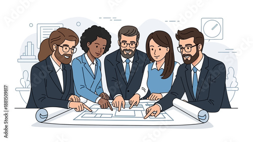 Diverse business team collaborating on project plans and blueprints