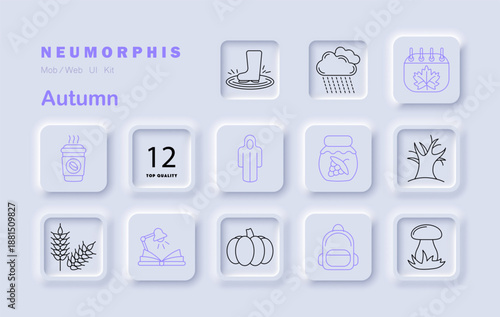 Autumn set icon. Includes coffee, boots, tree, leaf, mushroom, coat, pumpkin, jar, wheat, calendar, book, backpack in seasonal neumorphic blocks