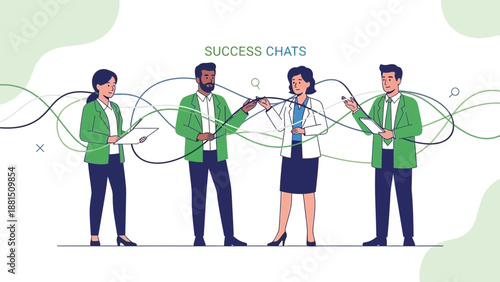 Diverse business team collaborating on success chat, connection lines