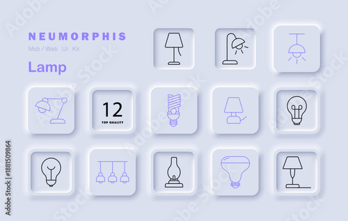 Lamp set icon. Table lamps, floor lamps, hanging lights, desk lights, bulb shapes, spiral bulb, oil lamp, spotlight, pendant lamp in neumorphic styled interface