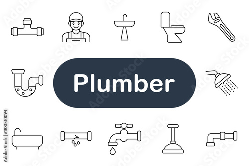 Plumber set icon. Pipe, faucet, shower, sink, toilet, wrench, bathtub, leak, plunger, worker, repair, service, construction, tool, maintenance, water, plumbing, bathroom, job, cleaning
