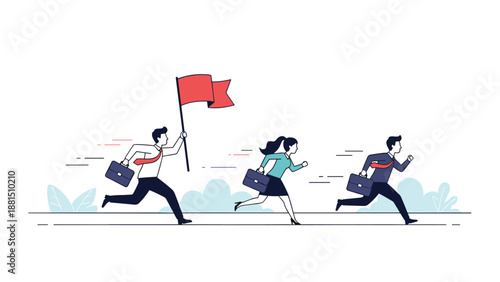 Group of three motivated business people run forward at high speed while the leader carries a large red flag for victory.