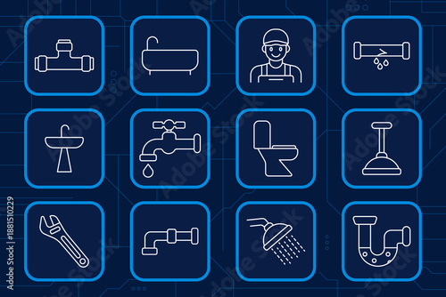 Plumbing set icon. Pipe, sink, tap, shower, toilet, plunger, wrench, plumber, leak, bath, repair, bathroom, water system service.