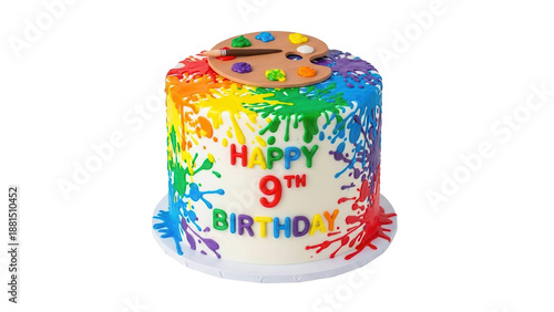 Colorful 9th birthday cake with paint design and palette, cut out, stock png, isolated on transparent background