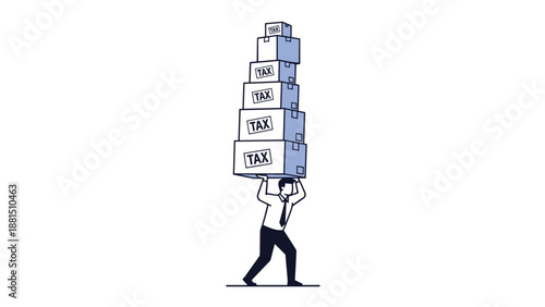 Tired businessman carries a heavy and tall stack of white and blue boxes labeled tax showing the weight of fiscal duties.