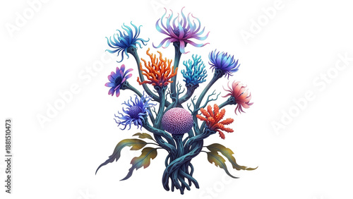 Fantastical bouquet of vibrant alien flowers and unusual plants, organic art, cut out, stock png, isolated on transparent background